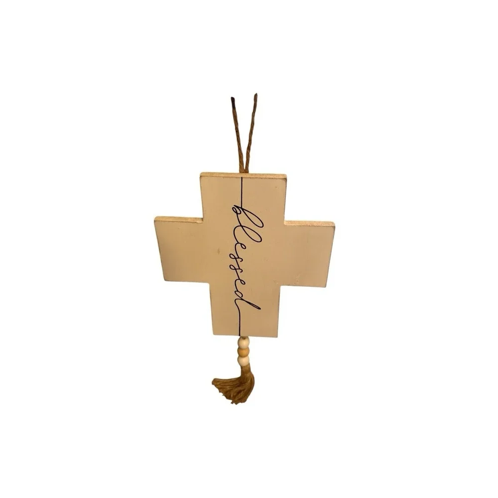 Blessed Cross Wood Art Wall Hanging Beads Tassel White Tan